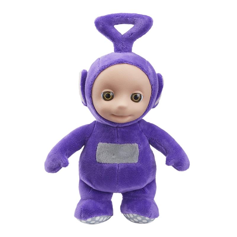 Teletubbies Talking Tinky Winky soft plush toy: purple Tinky Winky figure with loop handle, ages 18 months+
