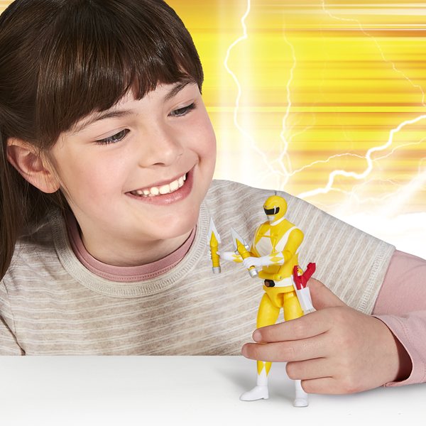 Mighty Morphin Power Rangers Auto-Morphin Yellow Ranger figure, press lever to morph Trini into the Yellow Ranger, ages 4+
