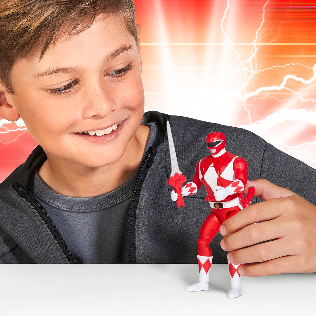 Mighty Morphin Power Rangers Auto-Morphin Red Ranger figure, press lever to morph Jason into the Red Ranger, ages 4+